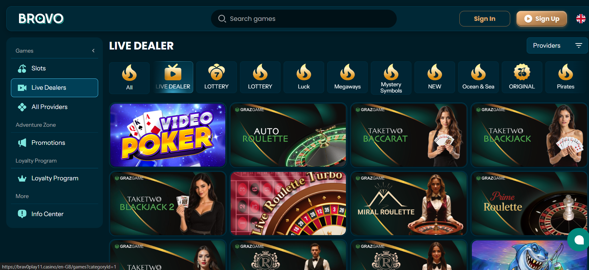 Catalogue des jeux avec croupiers en direct Bravo